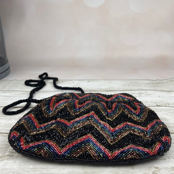 VINTAGE Flapper Bohemian Beaded Purse Black Gold Red Peacock Blue Evening Clutch - Picture 4 of 10